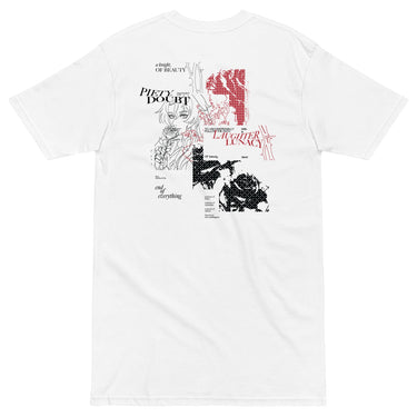 Back view of a solid-colored shirt. A large collage graphic on the upper back features a fine-line portrait of the character Argenti from Honkai: Star Rail holding a rose. The design is layered with multiple blocks of text in various fonts and several patches of high-contrast, textured patterns.