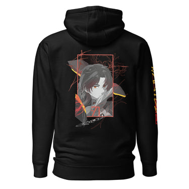 Back view of a solid-colored hoodie. A large graphic on the upper back features a high-contrast illustration of the character Blade from Honkai: Star Rail. The portrait is framed by a rectangle and layered with abstract wing-like shapes and fine, sketchy lines.