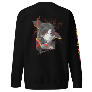 Back view of a solid-colored sweatshirt. A large graphic on the upper back features a high-contrast illustration of the character Blade from Honkai: Star Rail. The portrait is framed by a rectangle and layered with abstract wing-like shapes and fine, sketchy lines.