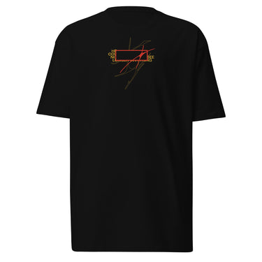 Front view of a solid-colored shirt. A minimalist graphic on the chest features a rectangular frame surrounded by several blocks of text and intersected by fine, sketchy lines.