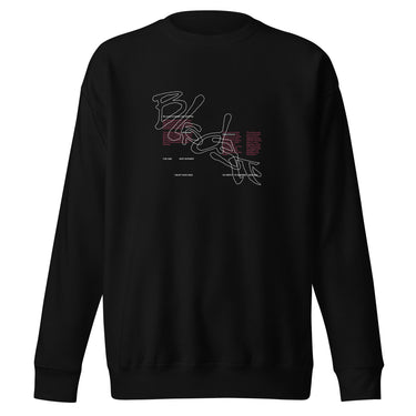 Front view of a solid-colored sweatshirt. A large graphic on the chest features the word "BLADE" written in a single, continuous, high-contrast line. Several small, high-contrast blocks of text are layered over the line art.