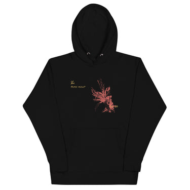 Front view of a solid-colored hoodie. A graphic on the chest features a large, abstract, high-contrast shape resembling a flower, accompanied by several lines of handwritten-style script.