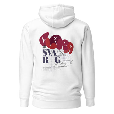 Back view of a solid-colored hoodie. A large collage graphic on the upper back features the words "Clara" and "Svarog" in stylized fonts, layered over fine-line schematic diagrams.