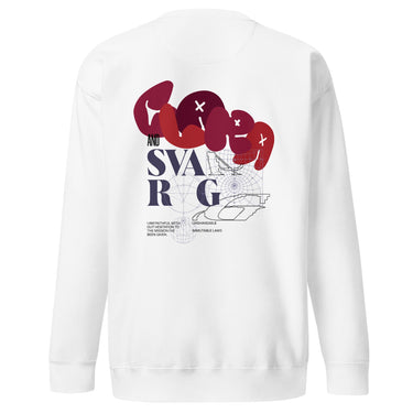 Back view of a solid-colored sweatshirt. A large collage graphic on the upper back features the words "Clara" and "Svarog" in stylized fonts, layered over fine-line schematic diagrams.