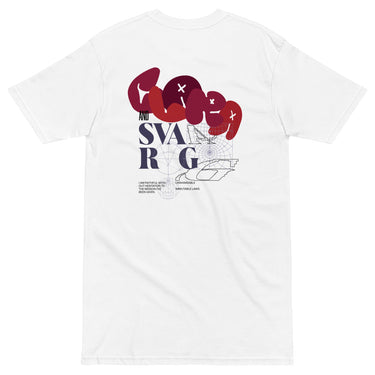 Back view of a solid-colored shirt. A large collage graphic on the upper back features the words "Clara" and "Svarog" in stylized fonts, layered over fine-line schematic diagrams.