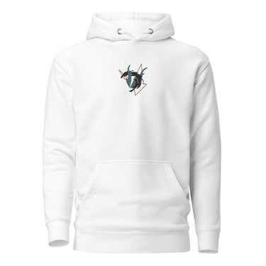 Front view of a solid-colored hoodie. A small embroidered graphic on the chest features two stylized, high-contrast dragon-like shapes intertwined within an abstract, angular frame.