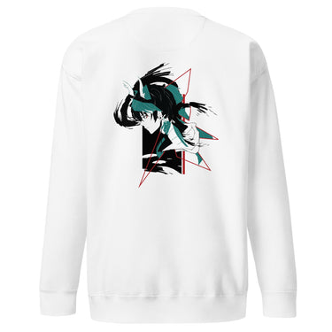 Back view of a solid-colored sweatshirt. A large, high-contrast graphic on the upper back features a stylized illustration of the character Dan Heng from Honkai: Star Rail, framed by abstract angular lines.