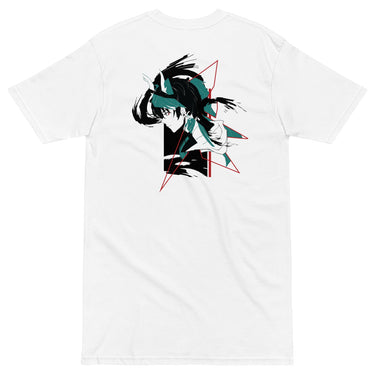 Back view of a solid-colored shirt. A large, high-contrast graphic on the upper back features a stylized illustration of the character Dan Heng from Honkai: Star Rail, framed by abstract angular lines.