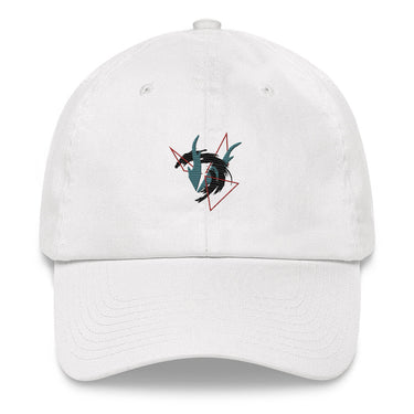Front view of a solid-colored baseball cap. An embroidered graphic on the front features two stylized, high-contrast dragon-like shapes intertwined within an abstract, angular frame.