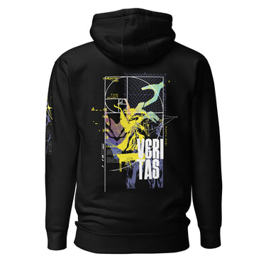 Back view of a solid-colored hoodie. A large, complex collage graphic on the upper back is framed by the lines of the golden ratio spiral. It features a high-contrast illustration of a classical bust and the prominent, distressed text "VERITAS".
