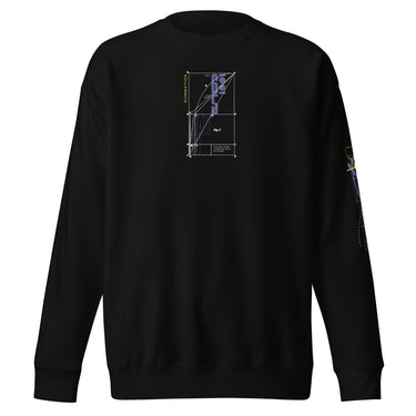 Front view of a solid-colored sweatshirt. A graphic on the chest resembles a technical blueprint or geometric analysis of the number zero, complete with labels and measurement lines.