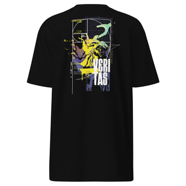 Back view of a solid-colored shirt. A large, complex collage graphic on the upper back is framed by the lines of the golden ratio spiral. It features a high-contrast illustration of a classical bust and the prominent, distressed text "VERITAS".