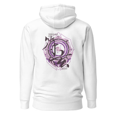 Back view of a solid-colored hoodie. A large, ornate crest-like graphic on the upper back features a central circular emblem surrounded by geometric shapes and framed by text.