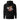 Back view of a solid-colored hoodie. A large, chaotic collage graphic on the upper back features stylized text, graffiti scribbles, and abstract textured shapes.