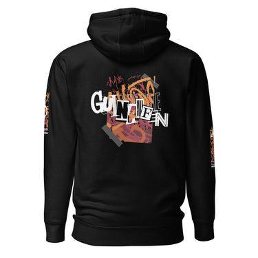 Back view of a solid-colored hoodie. A large, chaotic collage graphic on the upper back features stylized text, graffiti scribbles, and abstract textured shapes.