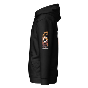 A view of the sleeve of a hoodie, showing a vertical graphic block filled with abstract, high-contrast patterns and symbols.