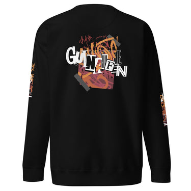 Back view of a solid-colored sweatshirt. A large, chaotic collage graphic on the upper back features stylized text, graffiti scribbles, and abstract textured shapes.