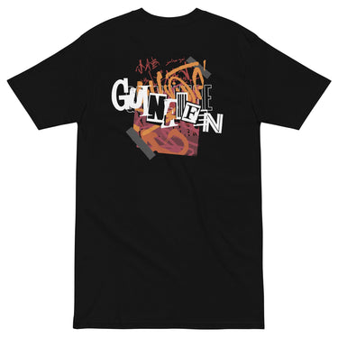 Back view of a solid-colored shirt. A large, chaotic collage graphic on the upper back features stylized text, graffiti scribbles, and abstract textured shapes.
