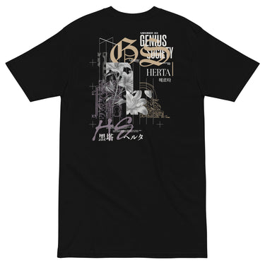 Back view of a solid-colored shirt. A large, vertical collage graphic on the upper back features large, ornate gothic letters 'G' and 'S', layered with high-contrast floral illustrations and fine-line architectural schematics. The design also includes various blocks of English and East Asian text.