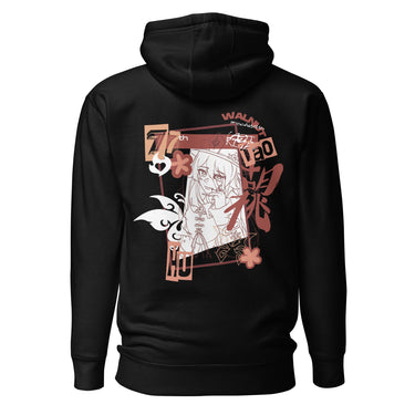 Back view of a solid-colored hoodie. A large, vertical collage graphic on the upper back features a line-art illustration of the character Hu Tao from Genshin Impact. The design is framed by a rectangle and decorated with high-contrast butterflies, flowers, and various text elements.