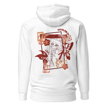 Back view of a solid-colored hoodie. A large, vertical collage graphic on the upper back features a line-art illustration of the character Hu Tao from Genshin Impact. The design is framed by a rectangle and decorated with high-contrast butterflies, flowers, and various text elements.
