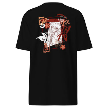 Back view of a solid-colored shirt. A large, vertical collage graphic on the upper back features a line-art illustration of the character Hu Tao from Genshin Impact. The design is framed by a rectangle and decorated with high-contrast butterflies, flowers, and various text elements.