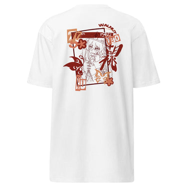 Back view of a solid-colored shirt. A large, vertical collage graphic on the upper back features a line-art illustration of the character Hu Tao from Genshin Impact. The design is framed by a rectangle and decorated with high-contrast butterflies, flowers, and various text elements.