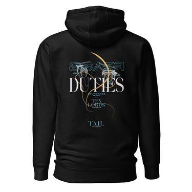 Back view of a solid-colored hoodie. A large, elegant graphic on the upper back features the prominent text "DUTIES", with the words "FEARS AND" above it. The design is layered with two high-contrast anime-style eyes and a long, swirling tail-like shape.