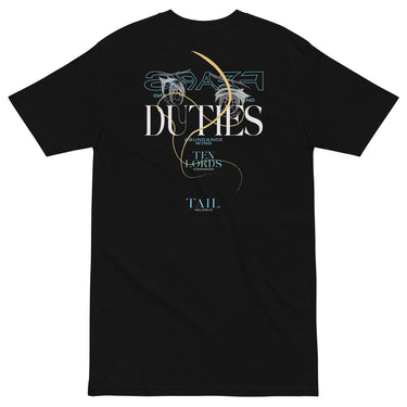 Back view of a solid-colored shirt. A large, elegant graphic on the upper back features the prominent text "DUTIES", with the words "FEARS AND" above it. The design is layered with two high-contrast anime-style eyes and a long, swirling tail-like shape.