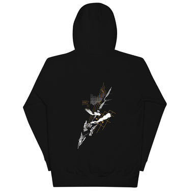Back view of a solid-colored hoodie. A large, vertical collage graphic on the upper back is shaped like a lightning bolt and composed of various abstract textures, lines, and typographic elements.