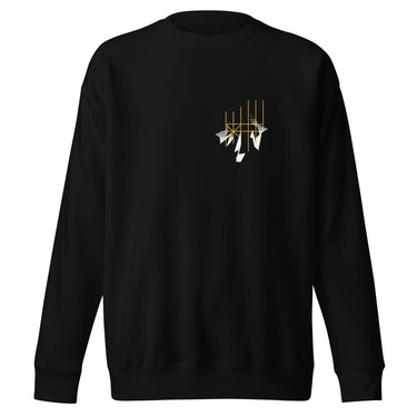 Front view of a solid-colored sweatshirt. A small graphic on the left chest features a cluster of abstract geometric shapes within a fine-line, scaffolding-like frame.
