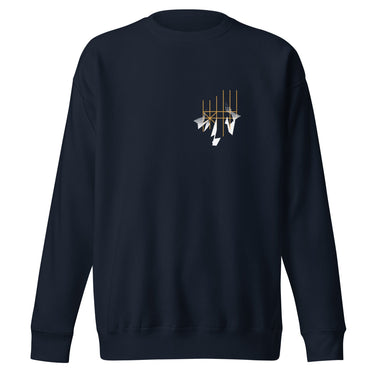 Front view of a solid-colored sweatshirt. A small graphic on the left chest features a cluster of abstract geometric shapes within a fine-line, scaffolding-like frame.