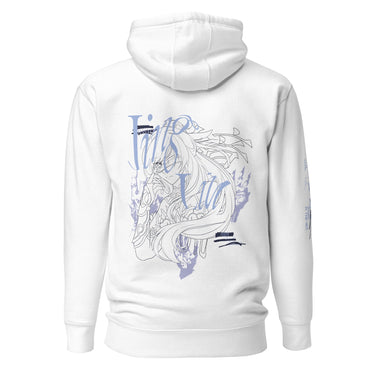 Back view of a solid-colored hoodie. A large graphic on the upper back features a line-art portrait of the character Jingliu from Honkai: Star Rail. The design is layered with large, elegant script text and abstract background splotches.