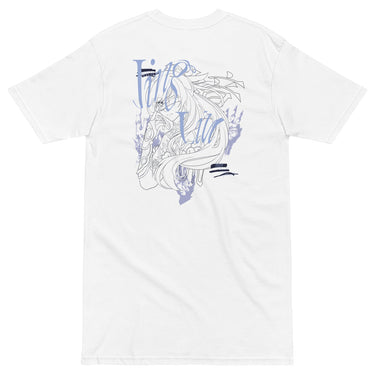 Back view of a solid-colored shirt. A large graphic on the upper back features a line-art portrait of the character Jingliu from Honkai: Star Rail. The design is layered with large, elegant script text and abstract background splotches.