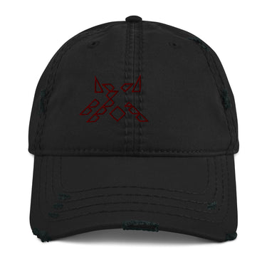 Front view of a solid-colored, distressed hat. The front features an embroidered graphic composed of an abstract cluster of high-contrast, angular shapes.