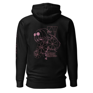 Back view of a solid-colored hoodie. A large graphic on the upper back features a fine-line illustration of the character Kafka from Honkai: Star Rail. The design is interwoven with large, web-like geometric patterns and small blocks of text.