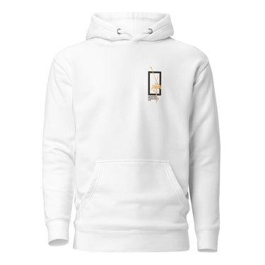Front view of a solid-colored hoodie. A small graphic on the chest features a vertical rectangular frame containing a high-contrast floral illustration and a sword-like shape.