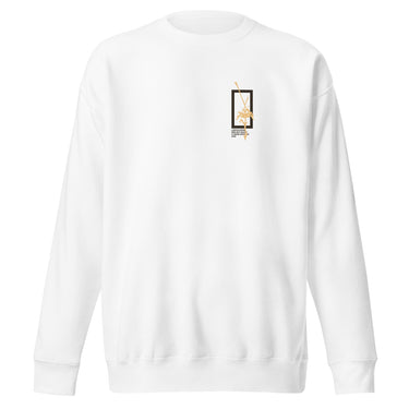 Front view of a solid-colored sweatshirt. A small graphic on the chest features a vertical rectangular frame containing a high-contrast floral illustration and a sword-like shape.