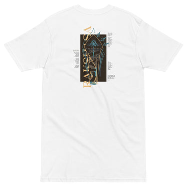 Back view of a solid-colored shirt. A large graphic on the upper back features a stylized, high-contrast illustration of a coffin, layered with various blocks of text.