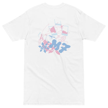 Back view of a solid-colored shirt. A large, playful collage graphic is centered on the back. It features large, abstract blob-like letterforms, line drawings of polaroid frames, and various high-contrast scribbles and floral shapes.