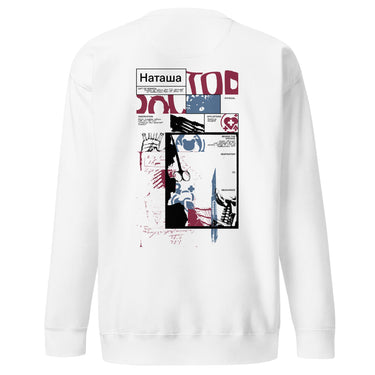 Back view of a solid-colored sweatshirt. A large collage graphic on the upper back resembles a medical file. It features the prominent text "DOCTOR", medical illustrations including a skeletal diagram and a heart symbol, and various blocks of text and handwritten notes.