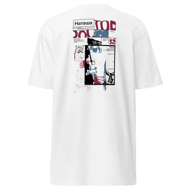 Back view of a solid-colored shirt. A large collage graphic on the upper back resembles a medical file. It features the prominent text "DOCTOR", medical illustrations including a skeletal diagram and a heart symbol, and various blocks of text and handwritten notes.