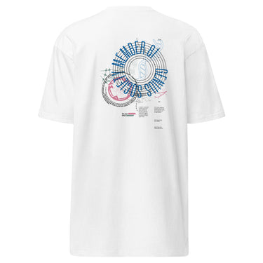 Back view of a solid-colored shirt. A large graphic on the upper back resembles a scientific diagram. It features a DNA double helix inside a circular frame with concentric rings, surrounded by various technical formulas and blocks of text.