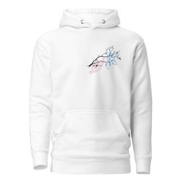 Front view of a solid-colored hoodie. A small graphic on the left chest features a high-contrast illustration of a tree branch, from which geometric, snowflake-like shapes and pastry-like shapes are sprouting.