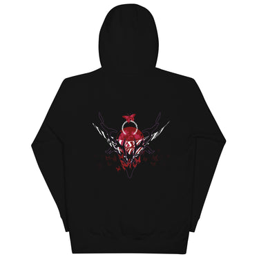 Back view of a solid-colored hoodie. A large, ornate graphic on the upper back features a central circular emblem framed by two scythes and surrounded by numerous high-contrast illustrations of butterflies.