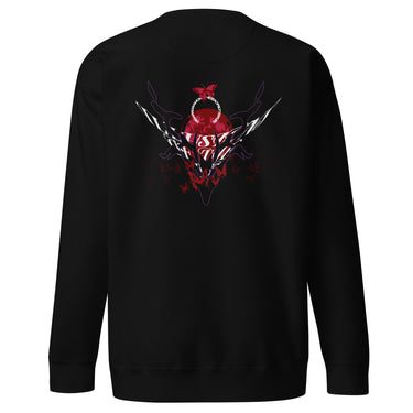 Back view of a solid-colored sweatshirt. A large, ornate graphic on the upper back features a central circular emblem framed by two scythes and surrounded by numerous high-contrast illustrations of butterflies.