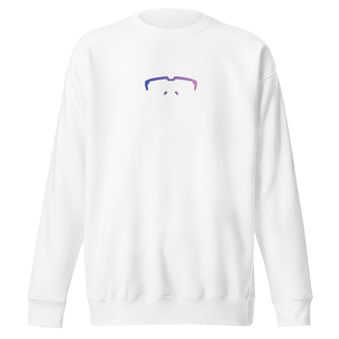 Front view of a solid-colored sweatshirt. A small, minimalist graphic on the chest features a high-contrast line drawing of the top frame of a pair of glasses.