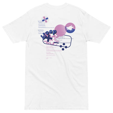 Back view of a solid-colored shirt. A large graphic on the upper back features several blocks of text formatted as computer programming code, layered with various high-contrast geometric shapes and diagrams.
