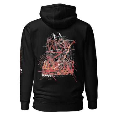 Back view of a solid-colored hoodie. A large, chaotic collage graphic on the upper back features a detailed line illustration of the character Sparkle from Honkai: Star Rail. The design is heavily layered with abstract brush strokes, graffiti-style Japanese text, and other technical elements.