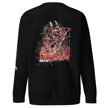 Back view of a solid-colored sweatshirt. A large, chaotic collage graphic on the upper back features a detailed line illustration of the character Sparkle from Honkai: Star Rail. The design is heavily layered with abstract brush strokes, graffiti-style Japanese text, and other technical elements.